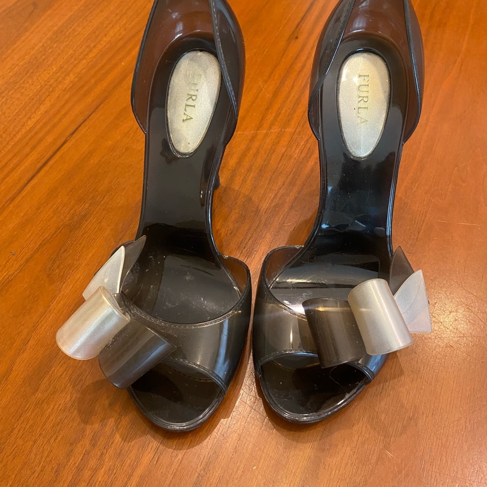 Furla Candy Collection Women's Black Peep-Toe Heels with Bow - Picture 2 of 9